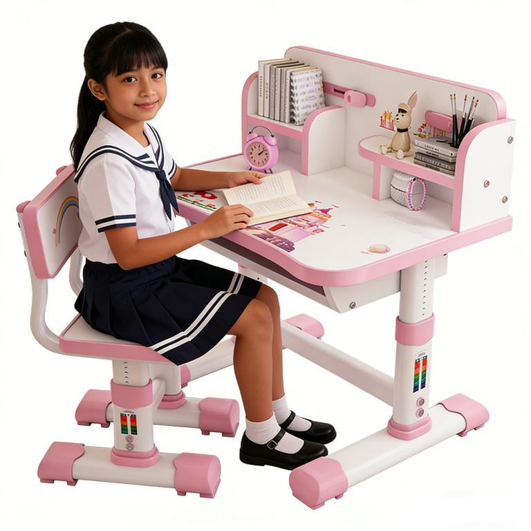 Floseru Kids Functional Desk and Chair Set, Study Desk for Children with Chair, Kids Desk and Chair Set,Height Adjustable Children School Study Desk with Storage Drawer for Boys Girls
