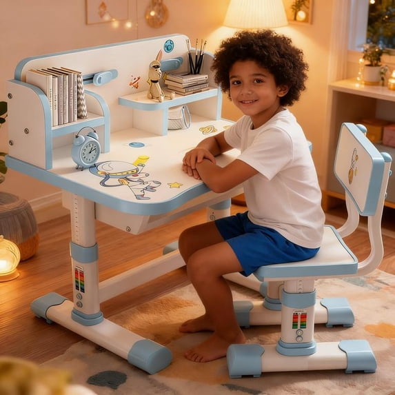 Floseru Kids Functional Desk and Chair Set, Height Adjustable Study Desk With Storage Drawer for Children, Boys and Girls
