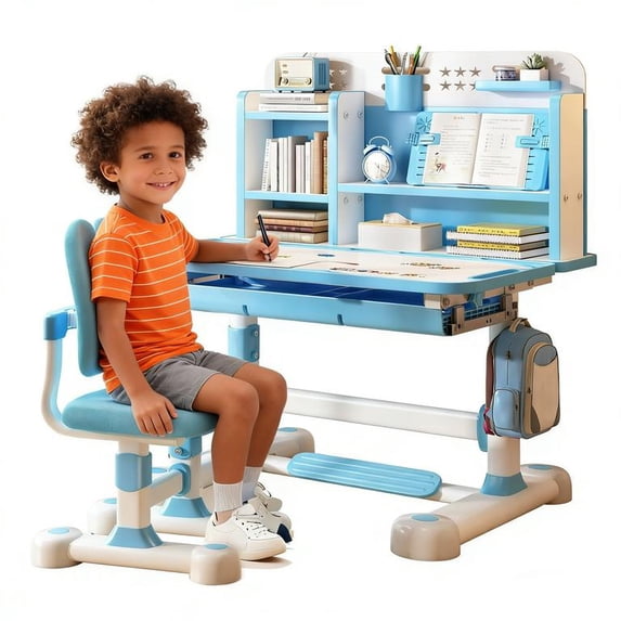 Floseru Kids Study Desk Chair, Height Adjustable Children's Desks with Tilt Desktop Book Stand Foot Pedal,Kids Desk and Chair Set Writing Table & Chair Set Desk for Kids