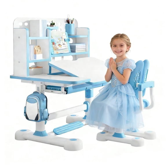 Floseru Kids Study Desk and Chair Set, Height Adjustable Children's Study Desk and Chair Set Toddler Learning Table and Stool Set with Bookshelf Storage Drawer 50-Degree Tiltable Desktop for Bedroom