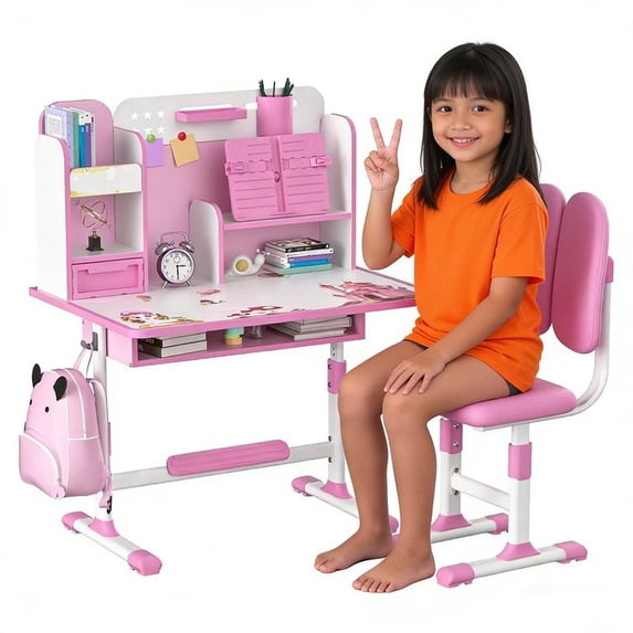 Floseru Kids Study Desk and Chair Set, Height Adjustable Study Table Chair Set Desk for Kids with Drawers Bookstand 80cm Desktop Foot Pedal Ergonomic Table Chairs for Boys Girls 6-12 Years
