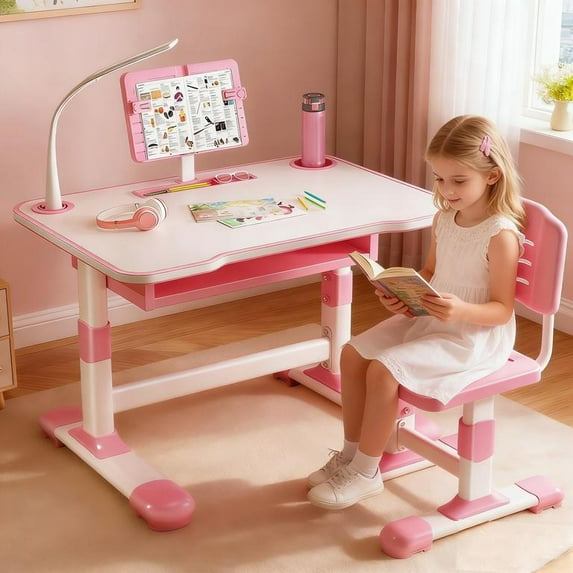 Floseru Kids Study Desk Chair Set, Height Adjustable Toddlers Writing Table with Tiltable Reading Stand, Living Room Bedroom Children Learning Table with Extra Large Drawer