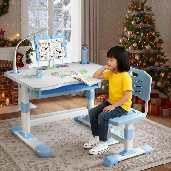 Floseru Kids Study Desk Chair Set, Height Adjustable Toddlers Writing Table with Tiltable Reading Stand, Living Room Bedroom Children Learning Table with Extra Large Drawer