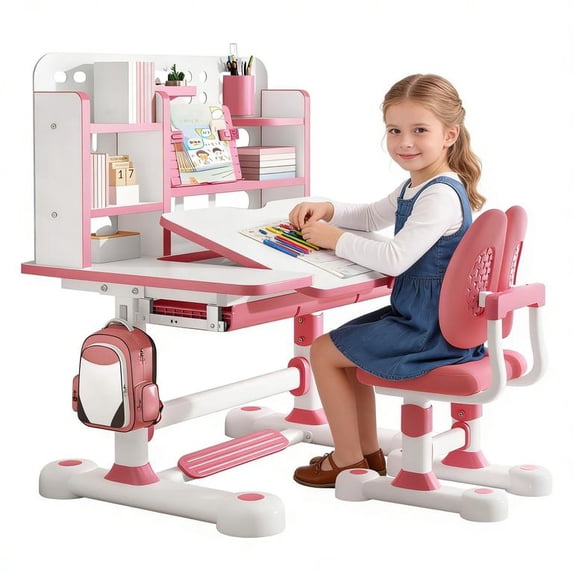 Floseru Kids Study Desk and Chair Set with Tilt Desktop (50-Degree), Height Adjustable Children Table Chair Set - Ergonomic Extra-Large Desktop & Storage Drawer Book Stand 300KG Capacity