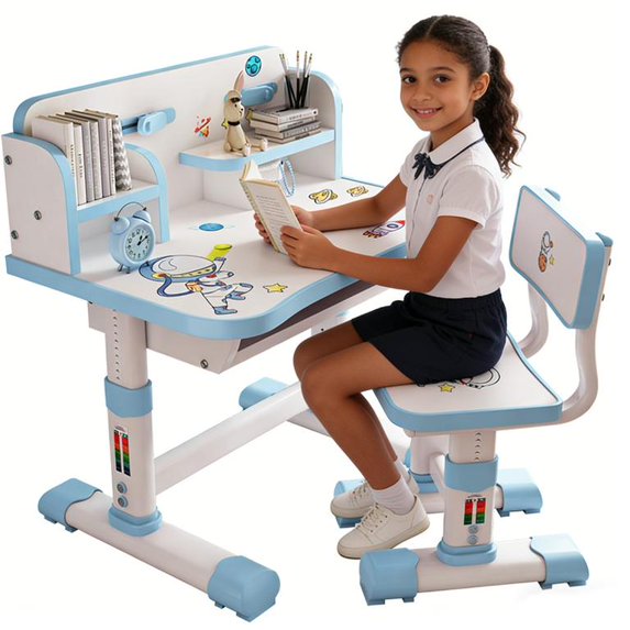Floseru Kids Study Table and Chair Set, Height Adjustable Kids Study Desk with Cartoon Pattern, Widened Tabletop, Back Support & Spine Protect, Prevent Myopia, for Boys & Girls 3+
