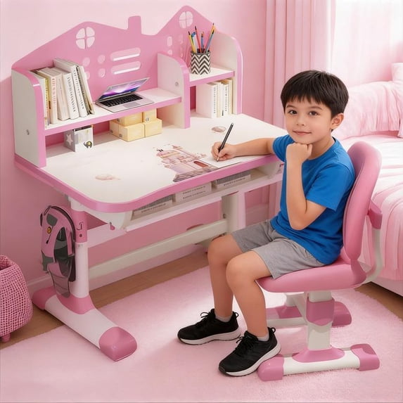 Floseru Kids' Table & Chair Set, Desk with Large Storage Drawer & Bookshelf, Height Adjustable