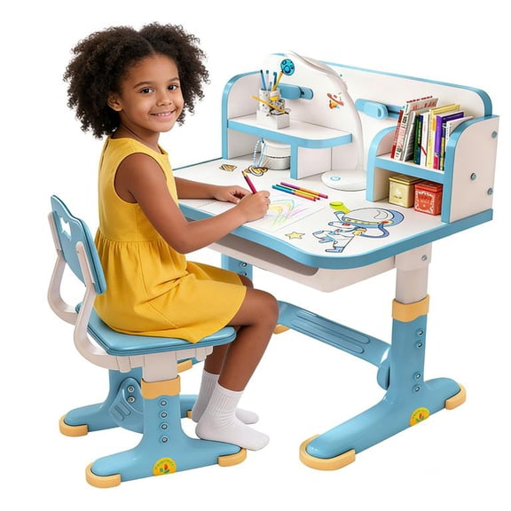 Floseru Kids Table and Chairs, Kids Desk and Chair Set School Desk with Chair Adjustable Kids Art Table with Widened Desktop, Book Clips and Storage Drawer, Multi Separation