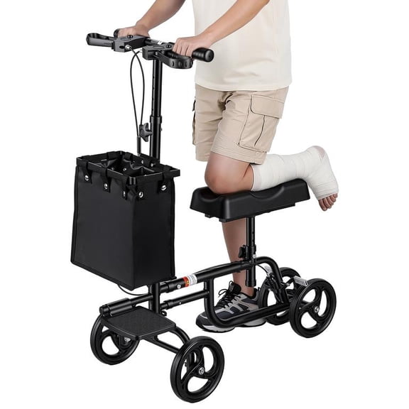 Floseru Knee Scooter for Adults Black, Alternative to Traditional Crutches, Dual Braking System, Comfortable Padded Knee Seat, Detachable Storage Bag, Quick Release Folding, 30 x 16 x 44 Inch