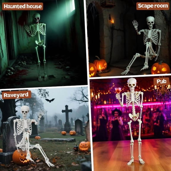 Floseru Halloween Skeleton Prop Life Size 65 Inch, Movable Joints Poseable Body, Realistic Horror Decor for Bar Coffee Bar, 15 x 7 x 65 Inch