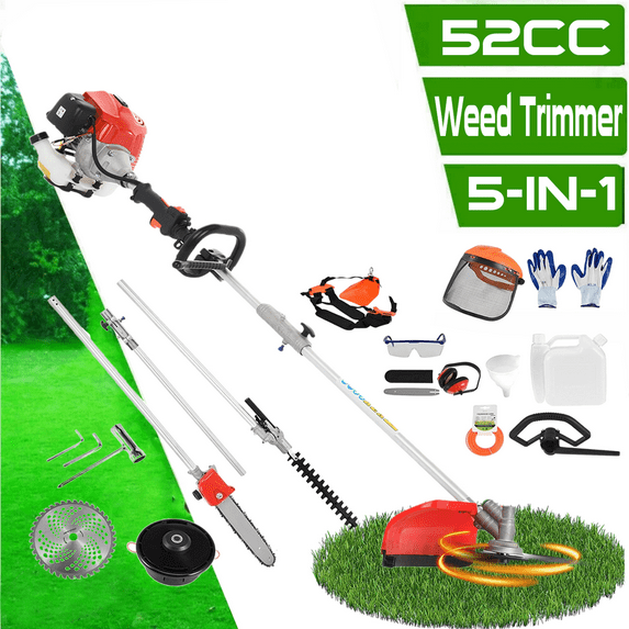 Floseru 5 in 1 Gas Weed Wacker Weed Eater String Trimmer Grass Edger Grass Trimmer Cordless Weed Trimmer Grass Cutter Machine 52cc Petrol Hedge Trimmer Chainsaw Brush