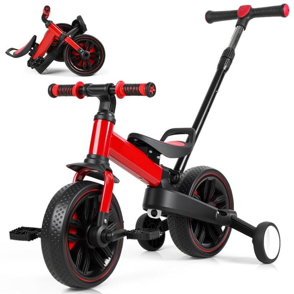 Floseru Red Kids 6-in-1 Bicycle, Balance Bike with Training Wheels and Footrest, Foldable Push Handle, for 2-5 Year Old Boys Girls, 30 x 22 x 31 Inch