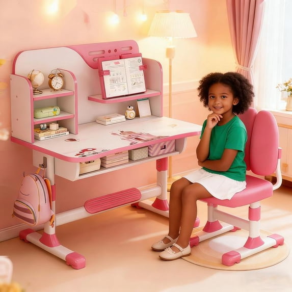 Floseru Small Desk, Standing Desk, Desk Chair Set, Height Adjustable Children School Study Table Chair Set with Astronaut Pattern, Ergonomic Desk Chair with Large Writing Board, Bookshelf and Drawer