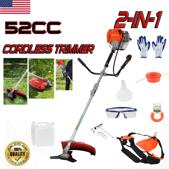 Floseru String Trimmer, 52cc Weed Wacker Gas Powered,2-in-1 Cordless Gas Lawn Mower,13.7inch,2-Stroke Brush Cutter Plastic Handle Shoulder Strap,Gas Straight Shaft String 1.2L Gas Capacity