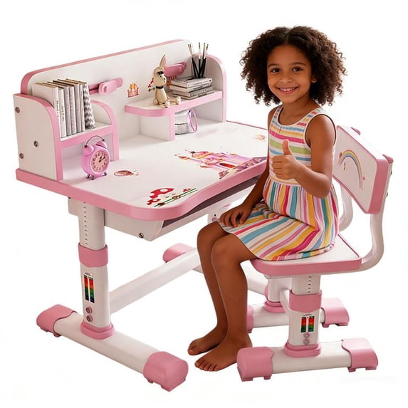 Floseru Study Desk with Chair for Kids 3-12, Height Adjustable Kids Functional Desk & Chair Set - Density Board Golden Distance Scientific Separation Child's School Study Writing Tables
