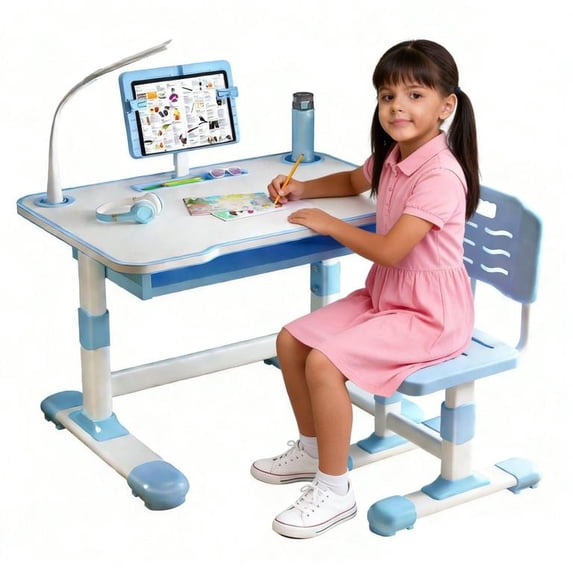 Floseru Study Desk Chair Set for Girl, Height Adjustable Toddlers Writing Table with Tiltable Reading Stand LED Table Light, Living Room Bedroom Children Learning Table with Extra Large Drawer
