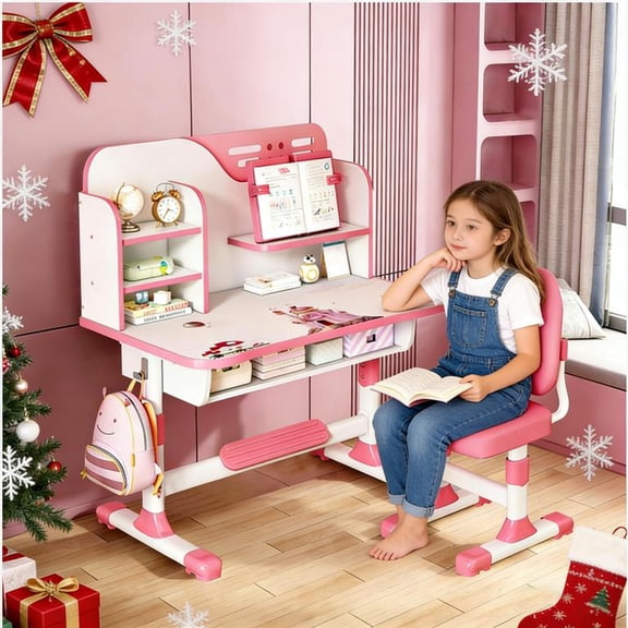 Floseru Talent Star Kids Desk and Chair Set,Adjustable Girls School Writing Study Table,Ergonomic Desk Chair with Large Writing Board Pull Out Drawer Book Stand
