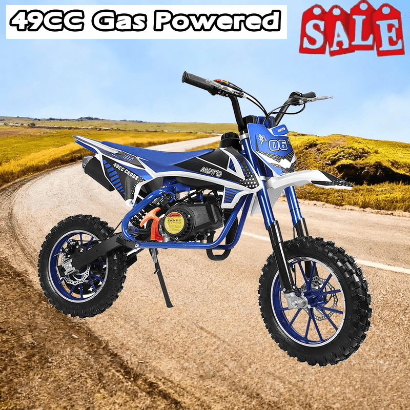 Floseru Upgraded 49cc Kids Dirt Bike 2-Stroke - Mini Motorcycle, Gas Dirt Bikes with Front Rear Disc Brakes Speeds up to 18 MPH, Off-Road Tires, Shock Absorption, Dirtbikes for Kids