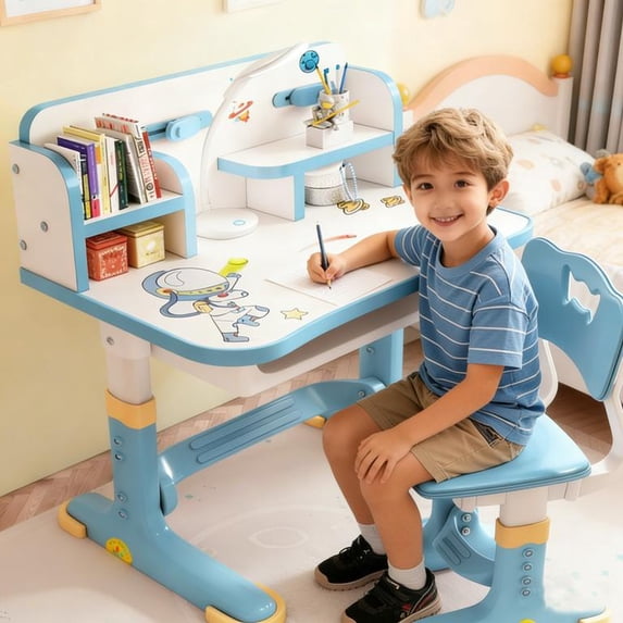 Floseru Upgraded Kid's Desk and Chair Set, Adjustable Children's Study Table with Bookshelf and Storage Drawer, 50-Degree Tiltable Desktop with Chair for Bedroom