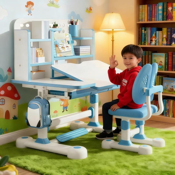 Floseru Upgraded Kid's Desk and Chair Set, Adjustable Children's Study Table with Bookshelf and Storage Drawer, 50-Degree Tiltable Desktop with Chair for Bedroom