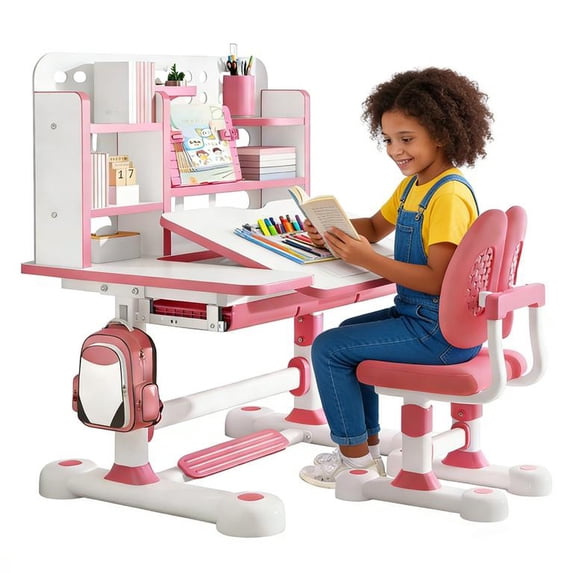 Floseru Upgraded Kid's Desk and Chair Set, Adjustable Children's Study Table with Bookshelf and Storage Drawer, 50-Degree Tiltable Desktop with Chair for Bedroom