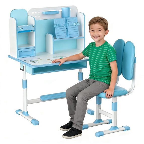 Floseru Upgraded Kid's Desk and Chair Set, Adjustable Children's Study Table with Bookshelf and Storage Drawer, 50-Degree Tiltable Desktop with Chair for Bedroom