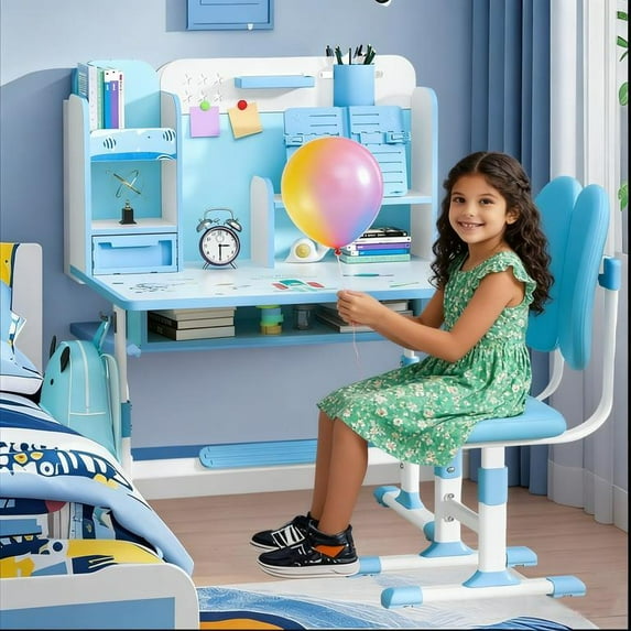 Floseru Upgraded Kids Desk and Chair Set, Height Adjustable Functional Desk and Chair Set for Kids 8-12, Study Table for Girls Boys, Writing Table