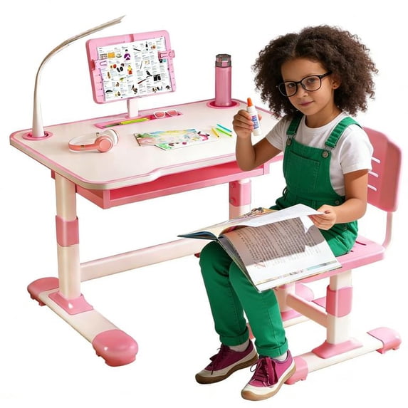 Floseru cdar Kids Desk with Chair Cartoon Pattern Height Adjustable Children Study Table Set, Ergonomic Scientific Separation Writing Desk with Tilt Book Stand Drawer Birthday Gift for Boys Girls