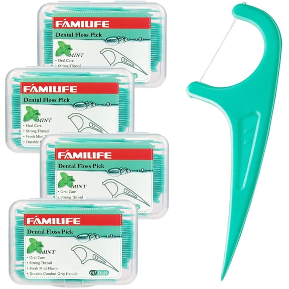 Floss Picks, 240 Count Mint Dental Floss Cleaner, Tooth Picks Flossers with 4 Travel Handy Cases, Helps to Fight Tooth Decay and Keep Your Teeth Clean, Flossing Sticks for Family