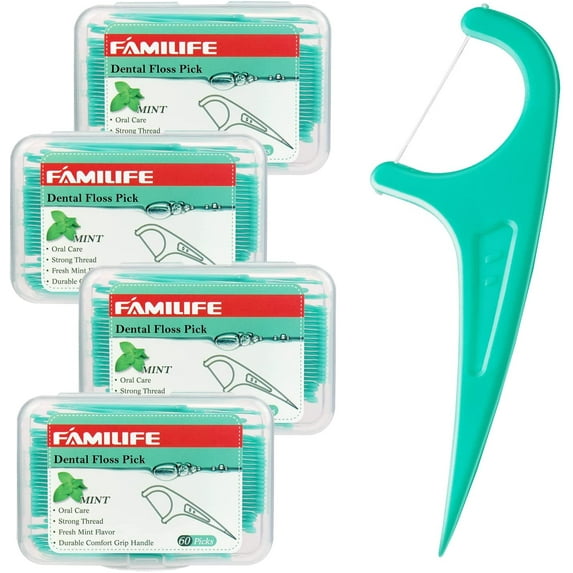 Floss Picks, 240 Count Mint Dental Floss Cleaner, Tooth Picks Flossers with 4 Travel Handy Cases, Helps to Fight Tooth Decay and Keep Your Teeth Clean, Flossing Sticks for Family