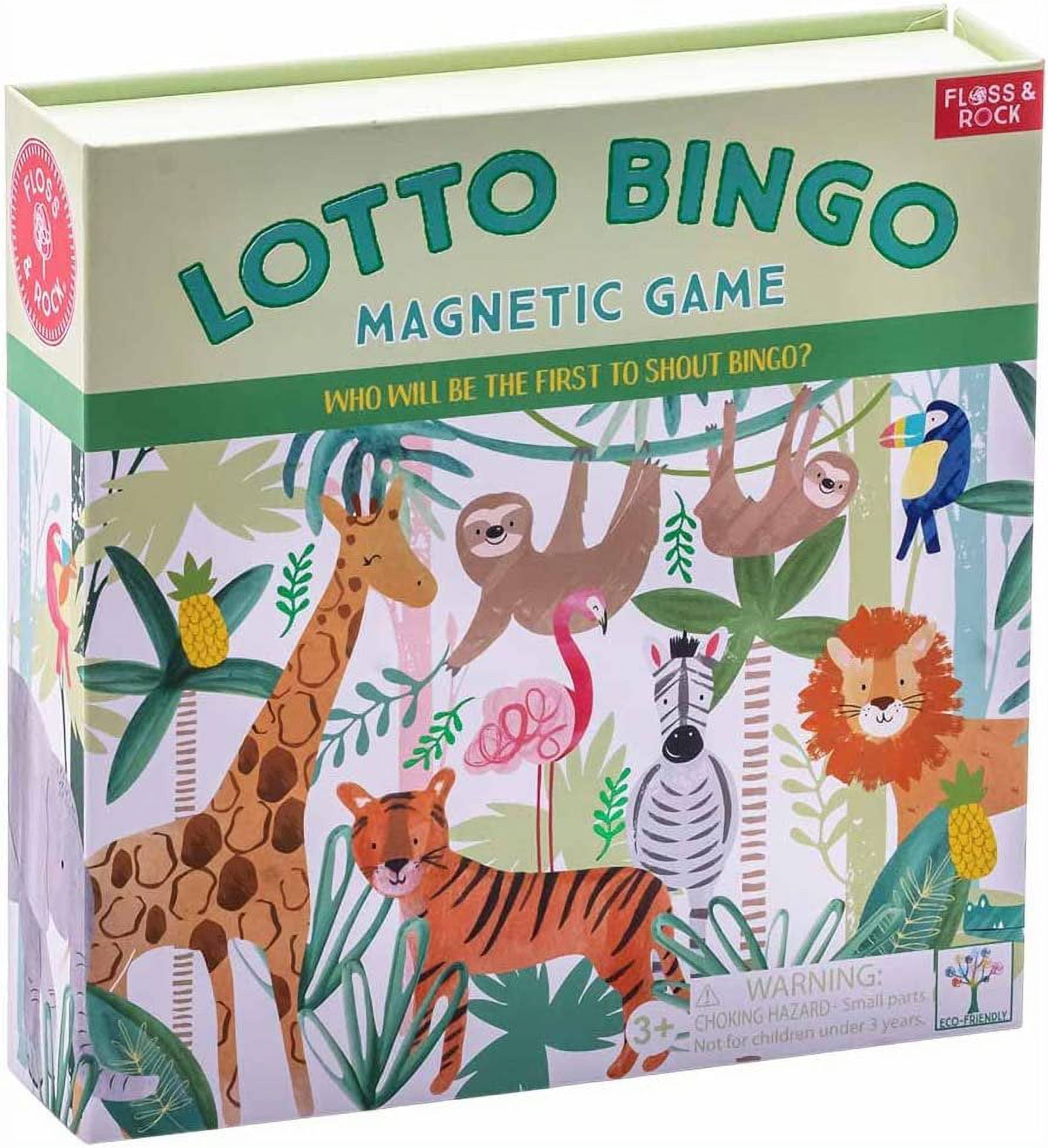 Floss & Rock Jungle Magnetic Lotto Bingo Kids Game Set with 20 Picture  Cards, 4 lotto Bingo Boards, 36 Bingo Tokens and Fabric Bag for Storage 