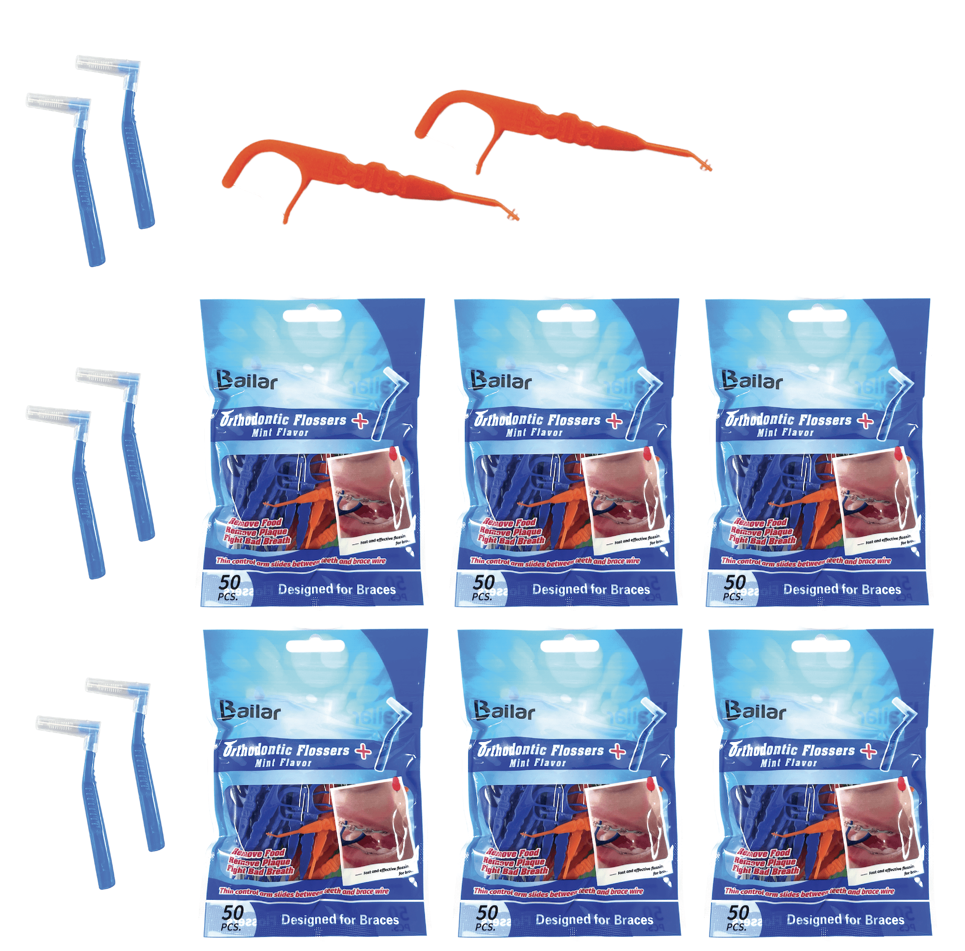 Flosser for Braces| Ortho Floss| 300 Count Bag| Pack of 6 Bonus 4 Interdental Brush| Floss Dental Pick Fits Between Brace Wire and Teeth| Quick and Easy Braces Floss