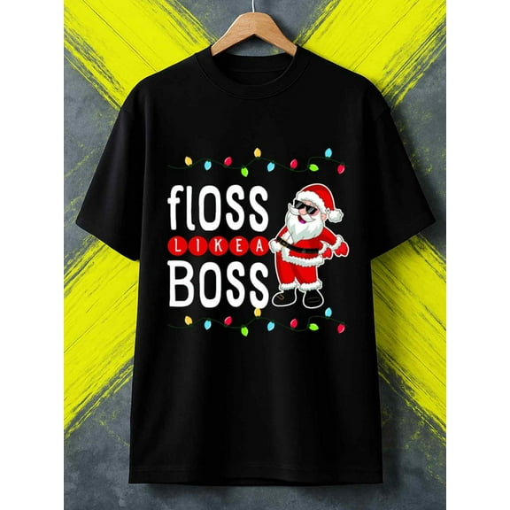 Flossing Santa Tee Christmas graphic t shirts print for men 180G 100% Cotton black Comfortable loose and fashionable T-shirt, spring and summer men's clothing Hip-hop street style humor Christmas el