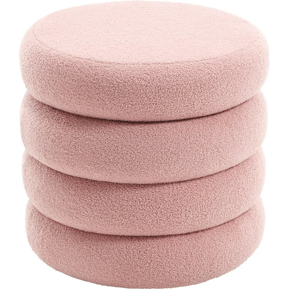 Flouki 20.1'' Storage Ottoman Round, Sherpa Pouf Ottoman Foot Rest with Removable Lid, Modern Pink Vanity Stool Seating for Girls Women, Foot Stool for Living Room