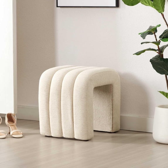 Flouki Ottoman Foot Stool with Channel Tufted, Small Ottoman Bench for Entryway, Modern Vanity Stool Chair, Upholstered Foot Rest Extra Seat for Living Room (Beige Linen)