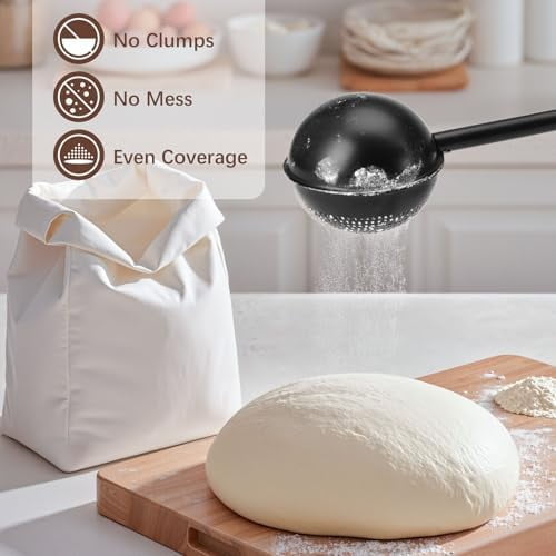 Flour Duster for Baking, One-Handed Operation, 304 Stainless Steel Powdered Sugar Shaker Duster, Pick Up and Dust Flour Sifter, Gift Package, Black