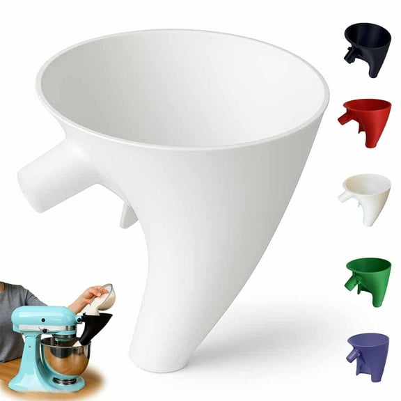 Flour Funnel for Kitchen Aid Mixer, Easy Pour No-Mess Attachment, Anti-Splash Accessory, Fits Tilt-Head 4.5–5 Qt , Durable Dishwasher-Safe Baking Tool (White)