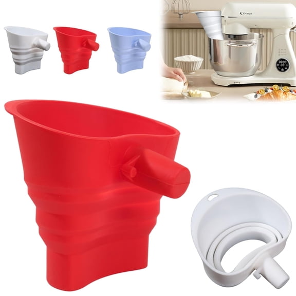 Flour Funnel for Kitchen Mixer | Food-Grade Silicone, Stand Mixer Kitchen Funnel | Large-Capacity Foldable Flour Funnel | Easy to Operate, Dishwasher Safe (Red (1Pcs))