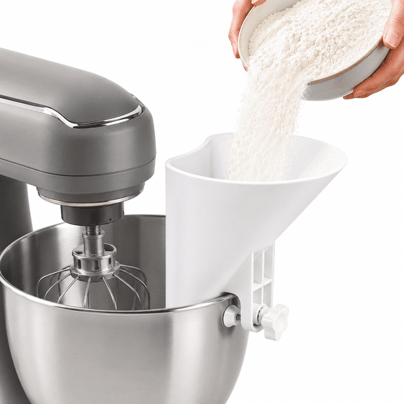 Flour Funnel for Stand Mixers, Wide Mouth Pouring Chute Attachment for Stainless Steel Glass and Ceramic Mixing Bowls, Clamp-On Baking Funnel, Dishwasher Safe