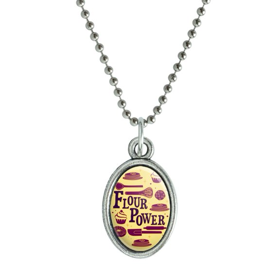 Flour Power Baking Baker Chef Cookie Cake Donut Funny Antiqued Oval Charm Pendant with Chain