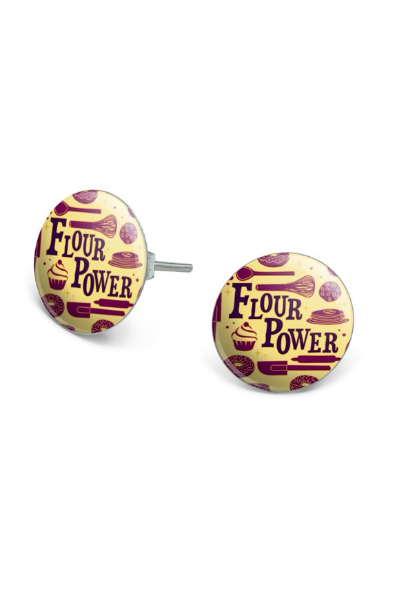 Flour Power Baking Baker Chef Cookie Cake Donut Funny Novelty Silver Plated Stud Earrings
