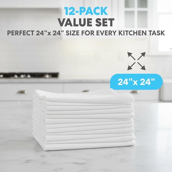 Flour Sack Kitchen Towels 24"x24" (12 Pack) Cotton, Lint-Free, High Absorbent Tea Towels Perfect for Dish, Baking, Crafting