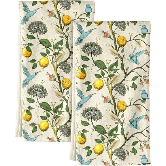 Flour Sack Kitchen Towels Set of 2-16x24 Cotton Dish Towels Reusable Tea Towel for Cleaning Spring Absorbent Dishcloths Cute Home Decor Housewarming, Lemon Birds