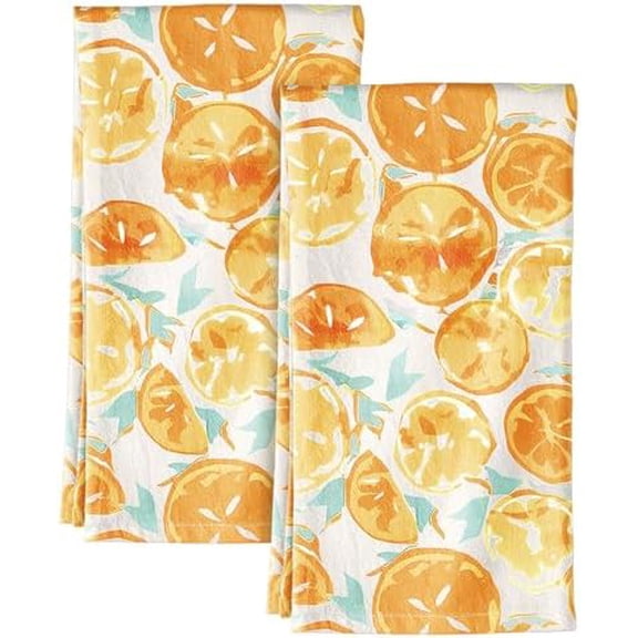 Flour Sack Kitchen Towels - Set of 2 Spring Dish Towels with Hanging Loop 18x26 Inch Absorbent Reusable Cotton Cloths for Cleaning Cute Design Home Decorative Housewarming, Lemon