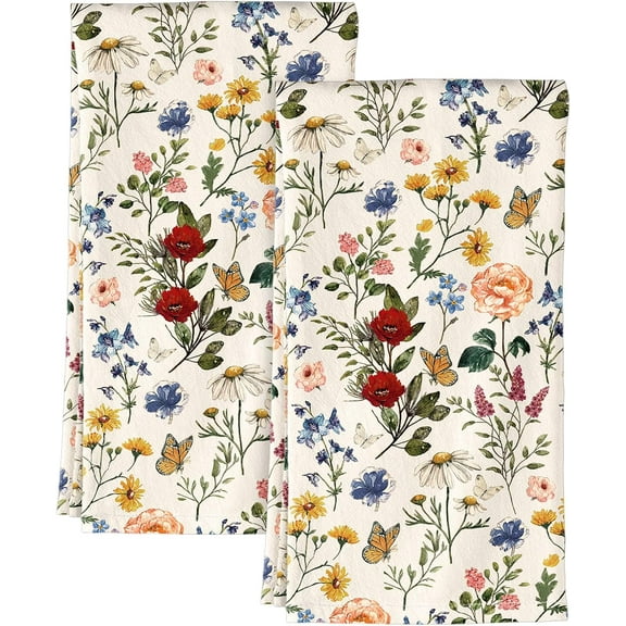 Flour Sack Kitchen Towels - Set of 2 Spring Dish Towels with Hanging Loop 18x26 Inch Absorbent Reusable Cotton Cloths for Cleaning Cute Design Home Decorative Housewarming, Vintage Flower