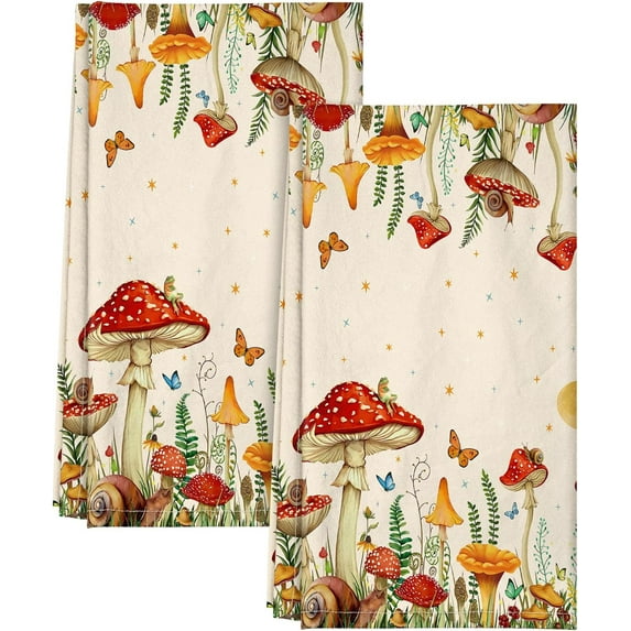 Flour Sack Kitchen Towels - Set of 2 Spring Dish Towels with Hanging Loop 18x26 Inch Absorbent Reusable Cotton Cloths for Cleaning Cute Design Home Decorative Housewarming, Mushroom Moon