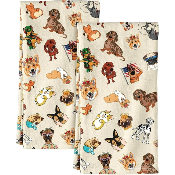 Flour Sack Kitchen Towels - Set of 2 Spring Dish Towels with Hanging Loop 18x26 Inch Absorbent Reusable Cotton Cloths for Cleaning Cute Design Home Decorative Housewarming, Dog Lovers