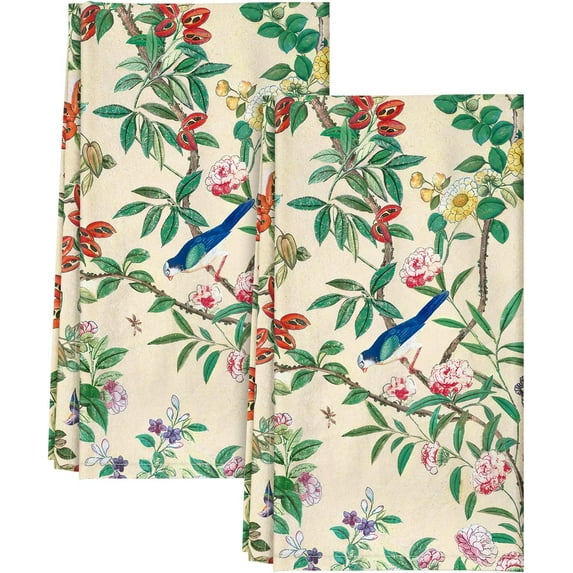 Flour Sack Kitchen Towels - Set of 2 Spring Dish Towels with Hanging Loop 18x26 Inch Absorbent Reusable Cotton Cloths for Cleaning Cute Design Home Decorative Housewarming, Leaf Flower Bird