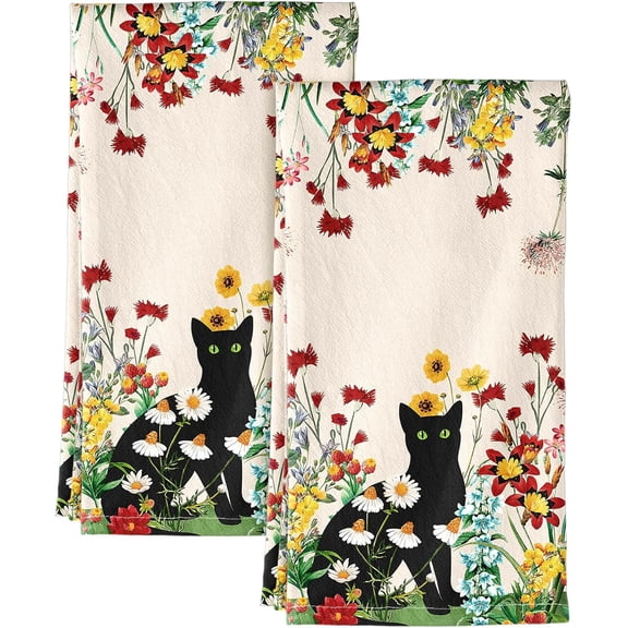 Flour Sack Kitchen Towels - Set of 2 Spring Dish Towels with Hanging Loop 18x26 Inch Absorbent Reusable Cotton Cloths for Cleaning Cute Design Home Decorative Housewarming, Flower Cats