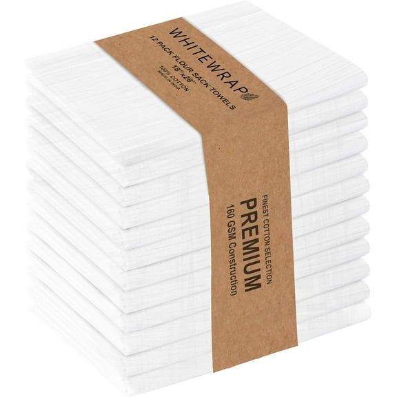 Flour Sack Towels| Tea Towel for Crafts| Kitchen Dish Cotton Blank Towel for Embroidery|Baking Bread Proofing Linen Cover| Thick Absorbent Quick Dry| 12 Pack 18"x28" White