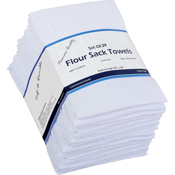 Flour Sack [White, 24 Pack] 100% Cotton Kitchen Towels, 28"x28" Cloth Napkin, Dish Cloth, Bar Mops, Tea Towel, Bread Wrapper.